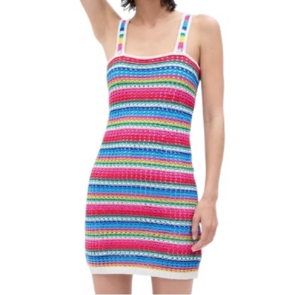 NWT Gap Crochet Mini Dress Pink Multi Striped Tank Strap Square XL